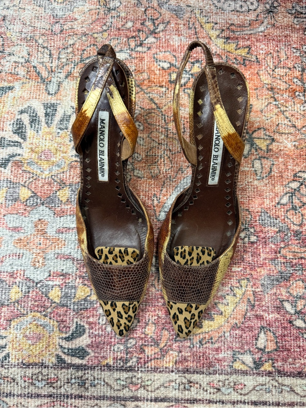 Y2K Manolo Blahnik Snakeskin & Leopard Print Slingback Pointed Toe Heels - Picture 2 of 5
